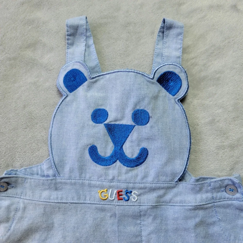 Guess‎ Baby Boy 12M Blue Bear Embroidered Shortall Overalls Chambray Adjustable
